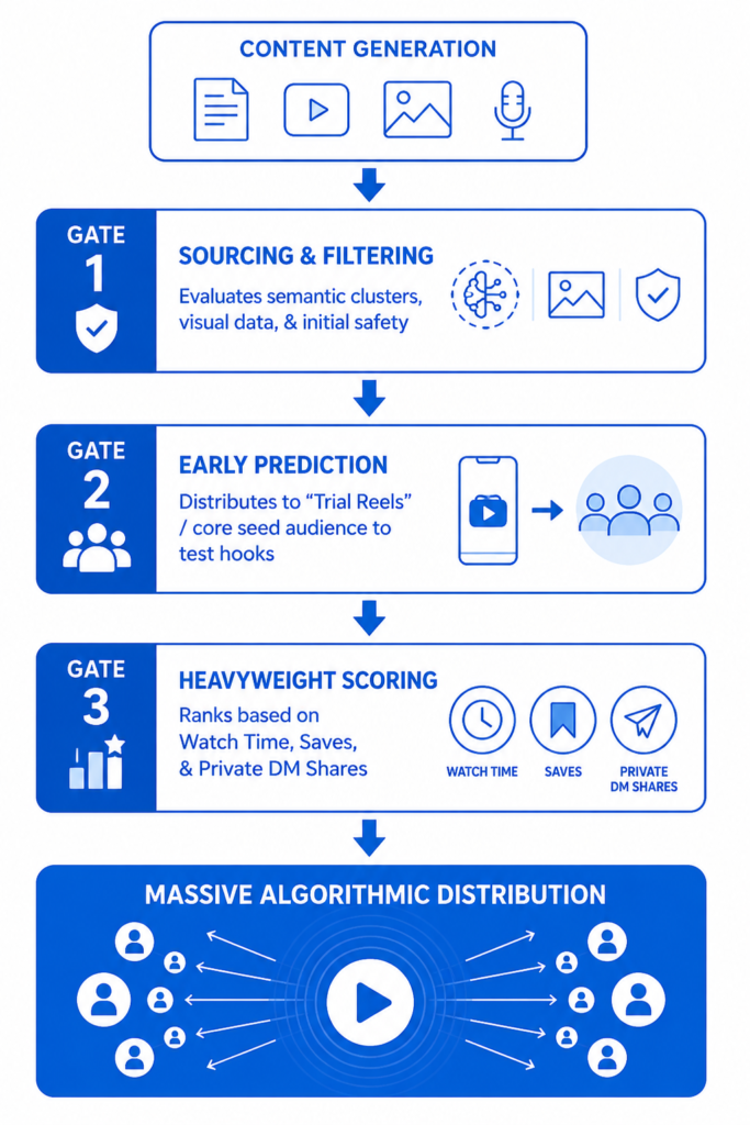 Blue infographic showing how Instagram AI processes content from creation to algorithmic distribution through filtering, prediction, and scoring stages.