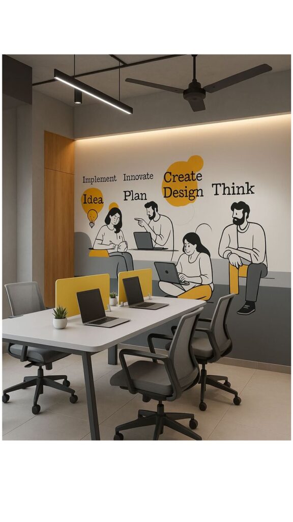 A modern co working space featuring collaborative workstations, ergonomic seating, and an inspiring wall mural with innovation-focused words