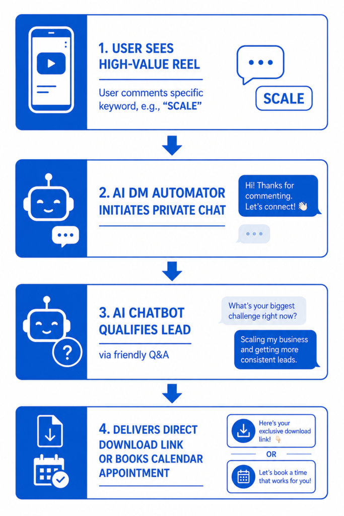 Blue infographic showing an Instagram AI sales funnel where a user sees a reel, comments a keyword “Instagram AI,” AI chatbot starts DM conversation,