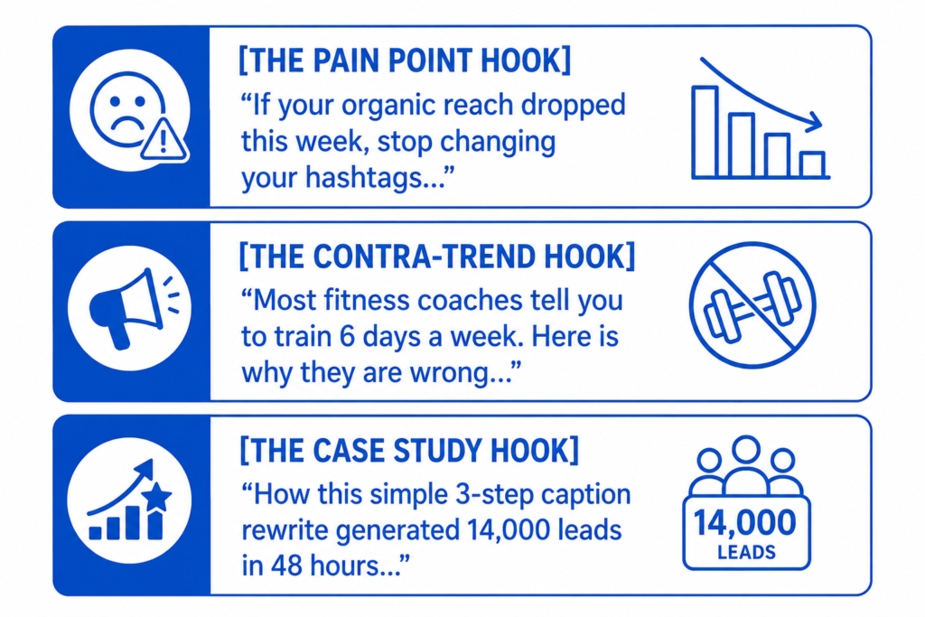 Blue infographic showing 3 viral content hooks. Pain Point Hook, Contra-Trend Hook, and Case Study Hook used in Instagram AI marketing to boost engagement, reach, and lead generation.
